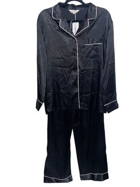 Lonxu Pajamas Womens Large Silk PJs Black White Trim Pants Button Shirt Luxe NWT